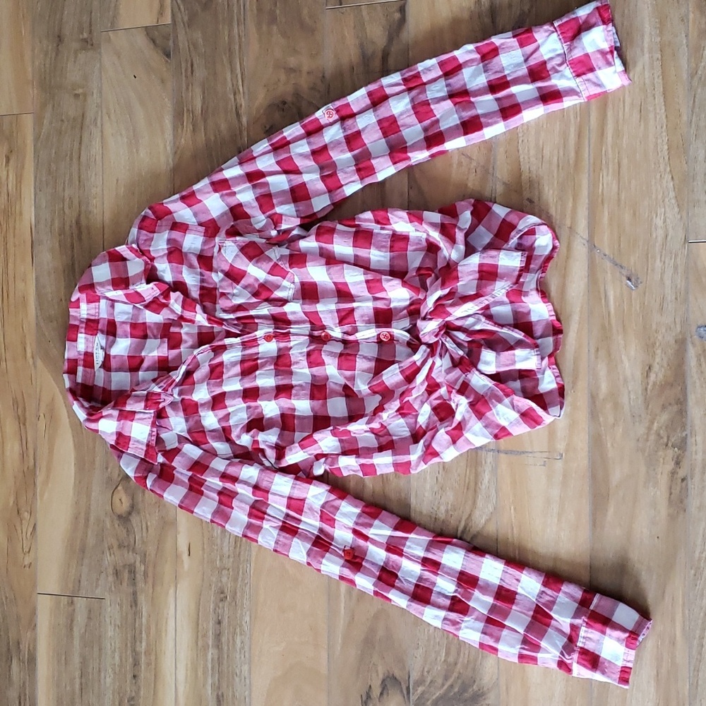 I Love H81 checkered button down shirt red white